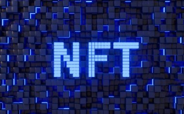 Soyut küp arkaplanlı NFT karşılanamaz jeton konsepti, 3D görüntüleme. Bilgisayar dijital süzmesi.