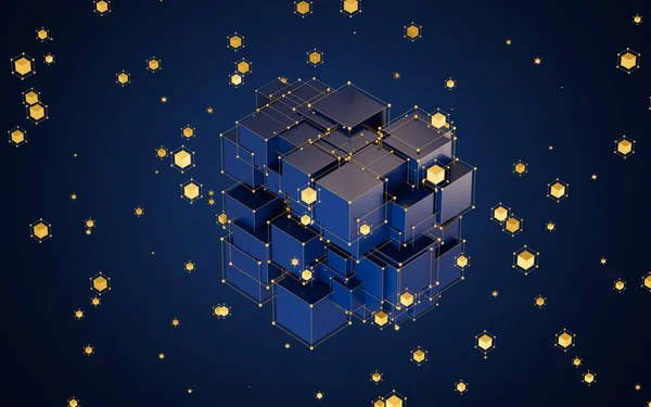 Soyut küpler ve parlayan parçacıklar, mavi arkaplan, 3D görüntüleme. Bilgisayar dijital çizimi.