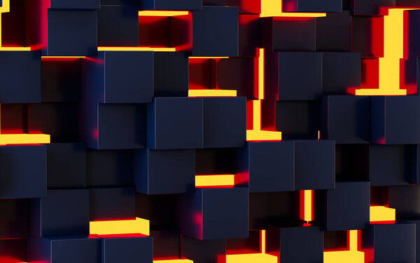Abstract cubes and glowing neon, 3d rendering. Computer digital drawing.