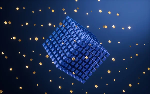 Cubes Abstraits Particules Brillantes Avec Fond Bleu Rendu Dessin Numérique — Photo