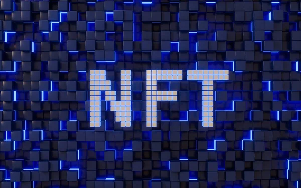 Soyut küp arkaplanlı NFT karşılanamaz jeton konsepti, 3D görüntüleme. Bilgisayar dijital süzmesi.