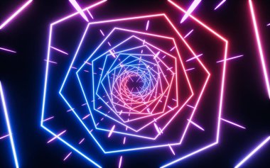 Neon ışıkları ve tüneller, 3D görüntüleme. Bilgisayar dijital çizimi.