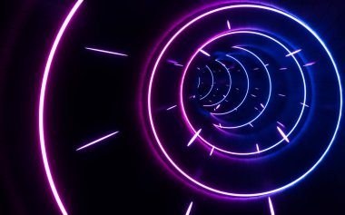 Dairesel neon ışıklar ve tüneller, 3D görüntüleme. Bilgisayar dijital çizimi.