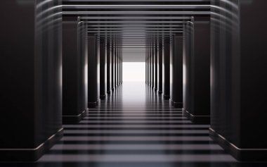 Gri bina tünelleri, 3D görüntüleme. Bilgisayar dijital çizimi.