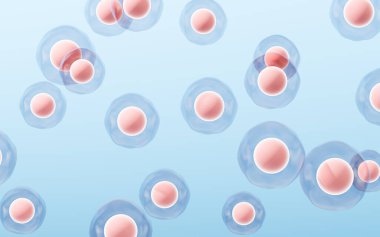 Mavi arka planı olan hücreler, üç boyutlu görüntüleme. Bilgisayar dijital çizimi.