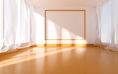 Perdeleri olan boş bir oda, üç boyutlu görüntüleme. Bilgisayar dijital çizimi.