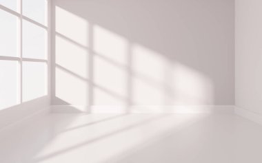 Beyaz boş oda, 3D görüntüleme. Bilgisayar dijital çizimi.