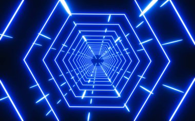 Neon ışıkları ve tüneller, 3D görüntüleme. Bilgisayar dijital çizimi.