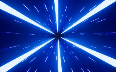 Neon tünelleri olan parlayan parçacıklar, 3 boyutlu görüntüleme. Bilgisayar dijital çizimi.