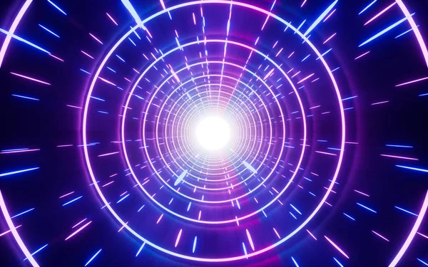 Circular Neon Lights Tunnels Rendering Computer Digital Drawing — Stock Photo, Image