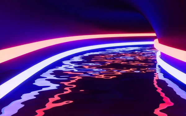 Neonowy Tunel Powierzchnią Wody Renderowanie Cyfrowy Rysunek Komputera — Zdjęcie stockowe