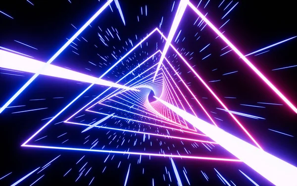 Triangle Glowing Neon Tunnel Rendering Computer Digital Drawing — Stock Photo, Image