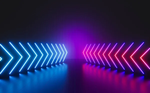 Neon ışıkları ve oklar, 3D görüntüleme. Bilgisayar dijital çizimi.