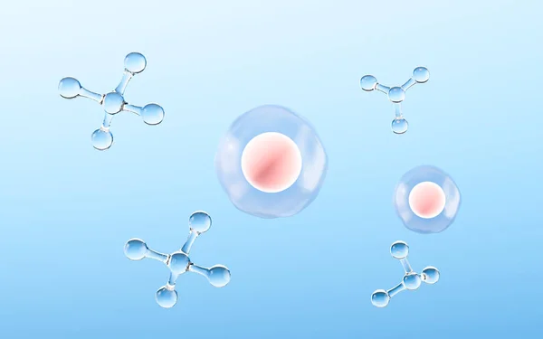 Células Moléculas Com Fundo Azul Renderização Desenho Digital Computador — Fotografia de Stock
