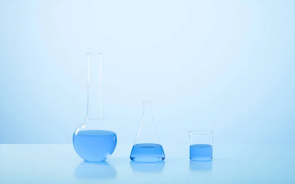 蓝色溶液和实验室容器 3D渲染 计算机数字绘图 — 图库照片