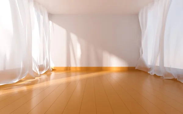 Empty room with curtains, 3d rendering. Computer digital drawing.