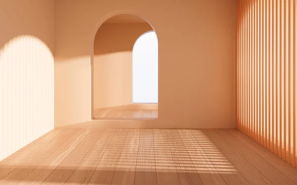 木製の床 3Dレンダリングと空の部屋 コンピュータ デジタル ドローイング — ストック写真