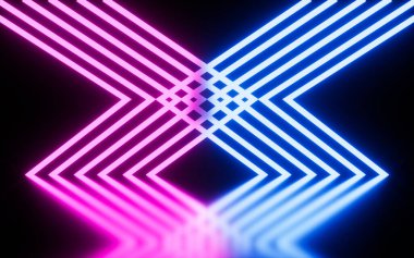 Siyah arkaplanlı neon oklar, 3D görüntüleme. Bilgisayar dijital çizimi.