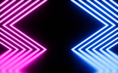 Siyah arkaplanlı neon oklar, 3D görüntüleme. Bilgisayar dijital çizimi.