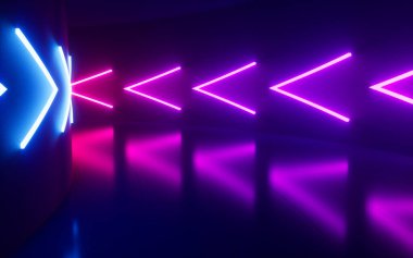 Tünelde neon oklar, 3D görüntüleme. Bilgisayar dijital çizimi.