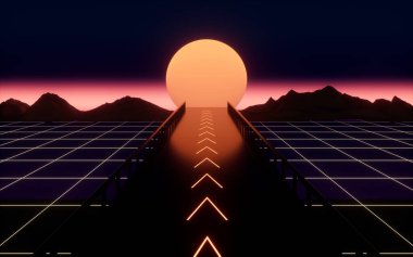 Neon arka planlı otoyol, 3D görüntüleme. Bilgisayar dijital çizimi.