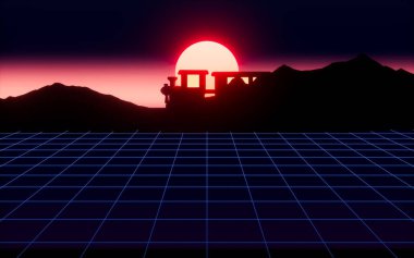 Neon ızgarası ve karikatür treni, 3D görüntüleme. Bilgisayar dijital çizimi.