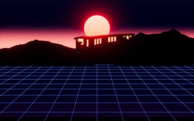 Neon ızgarası ve karikatür treni, 3D görüntüleme. Bilgisayar dijital çizimi.