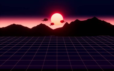 Neon şebekesi ve bulutlar, 3D görüntüleme. Bilgisayar dijital çizimi.