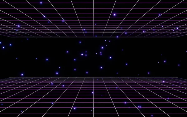 Neon Grid Glowing Particles Rendering Computer Digital Drawing — Stock Photo, Image