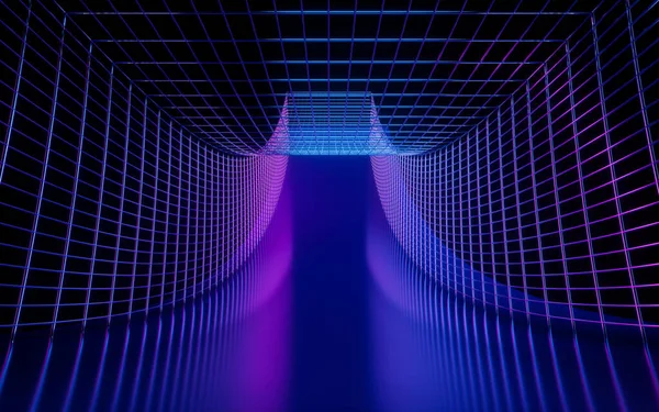 ネオングリッドとトンネル3Dレンダリング コンピュータ デジタル ドローイング — ストック写真
