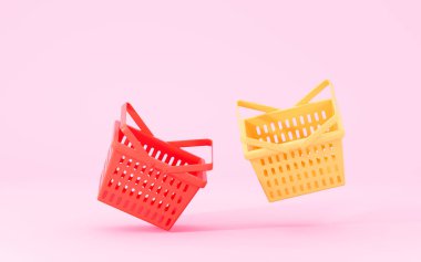 Pembe arka planı olan boş alışveriş sepetleri, 3 boyutlu çizimler. Bilgisayar dijital çizimi.