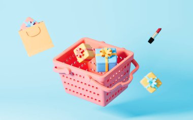 Hediyelerle dolu alışveriş sepeti, 3D görüntüleme. Bilgisayar dijital çizimi.