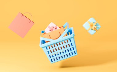Hediyelerle dolu alışveriş sepeti, 3D görüntüleme. Bilgisayar dijital çizimi.