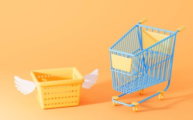 Boş alışveriş arabası ve sepet, 3D görüntüleme. Bilgisayar dijital çizimi.
