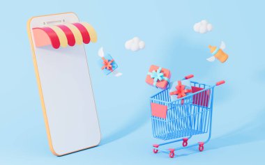 Cep telefonu ve alışveriş arabası, 3D görüntüleme. Bilgisayar dijital çizimi.