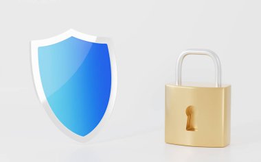 Beyaz arka planlı, 3D görüntülü, kilit ve kalkan. Bilgisayar dijital çizimi.