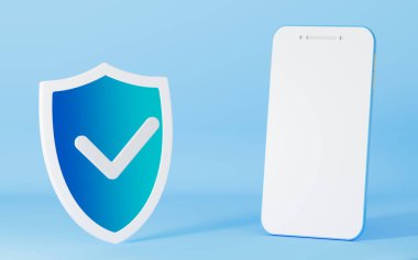 Mobil ve kalkan, mavi arka plan, 3D görüntüleme. Bilgisayar dijital çizimi.