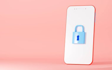 Pembe arka planı olan kilitli bir cep telefonu, 3 boyutlu görüntüleme. Bilgisayar dijital çizimi.