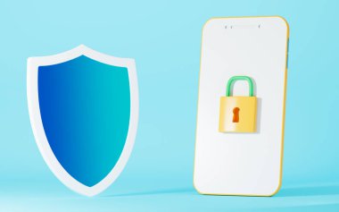 Mobil ve kalkan, mavi arka plan, 3D görüntüleme. Bilgisayar dijital çizimi.