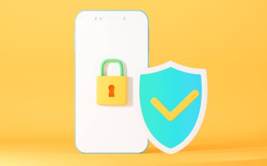 Cep telefonu ve kalkan, sarı arka plan, 3D görüntüleme. Bilgisayar dijital çizimi.