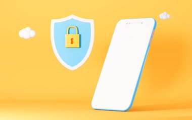 Kilitli kalkan ve cep telefonu, 3D görüntüleme. Bilgisayar dijital çizimi.