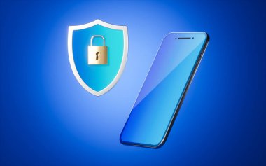 Kilitli kalkan ve cep telefonu, 3D görüntüleme. Bilgisayar dijital çizimi.