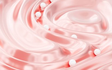 Pembe pürüzsüz kumaş ve küreler, 3 boyutlu görüntüleme. Bilgisayar dijital çizimi.