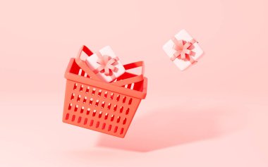 Hediyelerle dolu alışveriş sepeti, 3D görüntüleme. Bilgisayar dijital çizimi.