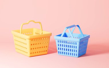 Pembe arka planı olan boş alışveriş sepetleri, 3 boyutlu çizimler. Bilgisayar dijital çizimi.