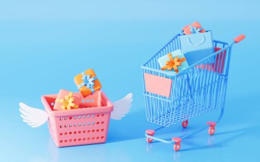 Alışveriş arabası ve hediyeler, 3D görüntüleme. Bilgisayar dijital çizimi.