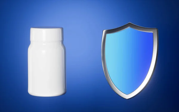 带蓝色背景的发光护盾和药瓶 3D渲染 计算机数字绘图 — 图库照片