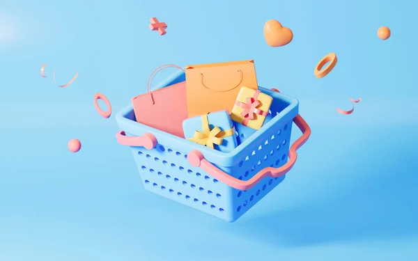 Hediyelerle dolu alışveriş sepeti, 3D görüntüleme. Bilgisayar dijital çizimi.