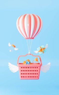 Alışveriş sepetindeki hediyeler, 3 boyutlu. Bilgisayar dijital çizimi.