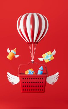 Alışveriş sepetindeki hediyeler, 3 boyutlu. Bilgisayar dijital çizimi.